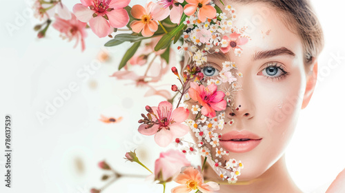 Beautiful double exposure effect collage women and floral in face vector illustration