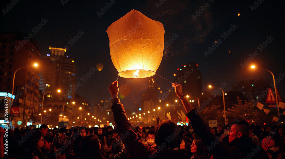 Crowd Releasing Sky Lanterns in Urban Nighttime Setting - obrazy, fototapety, plakaty 