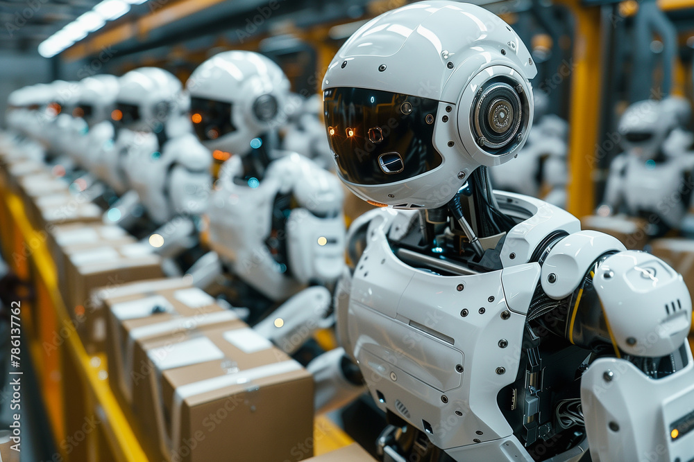 An assembly line of advanced humanoid robots with a sleek white and black design, featuring a prominent, expressive visor, ready for deployment in industrial settings An assembly line of advanced humanoid robots with a sleek white and black design, featuring a prominent, expressive visor, ready for deployment in industrial settings