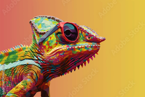 Chameleon wearing sunglasses on a pastel color background, funny, happy, cute