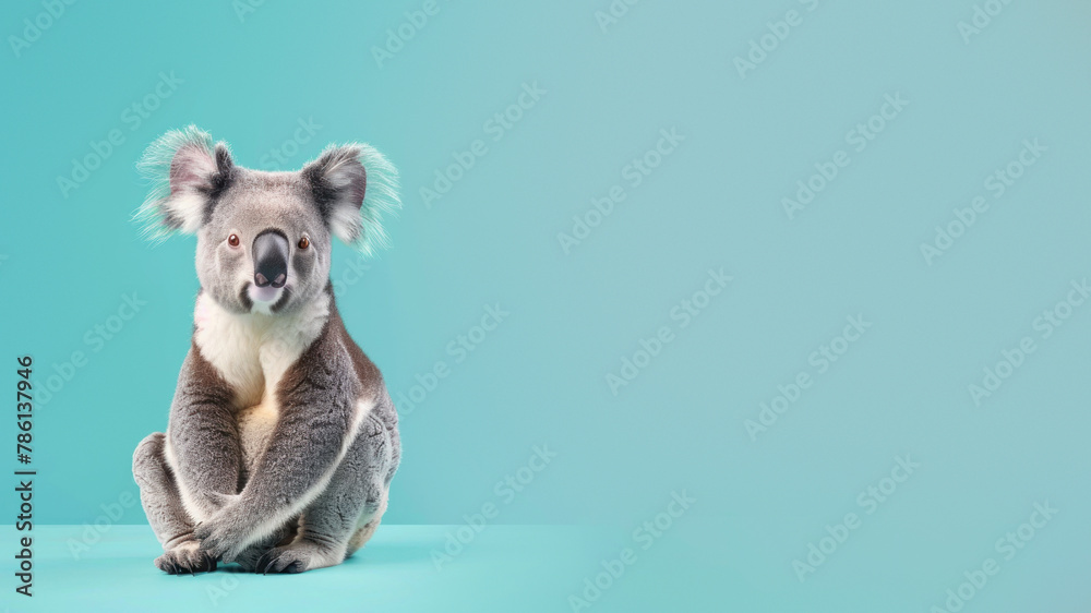 Graceful koala posing with a dignified expression on a cyan colored background, showcasing its placid nature Graceful koala posing with a dignified expression on a cyan colored background, showcasing its placid nature