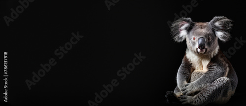 A koala sits with a composed posture under studio lighting against a pitch-black background photo