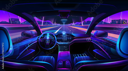 Driver's view inside a futuristic car with a high-tech dashboard and neon highway stretching ahead