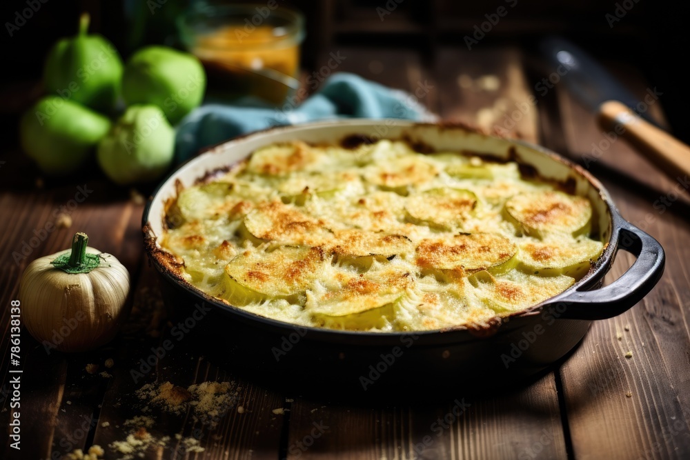 Baked chayote squash gratin on rustic wooden table. Rustic Chayote Squash Gratin