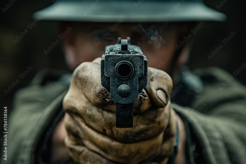 World War 1 soldier military aiming Colt M1911 to camera, World War 1 soldier military aiming Colt M1911 to camera,