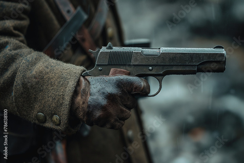 World War 1 soldier military aiming Colt M1911 to camera, 