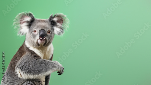This image showcases a koala in an alert and enthusiastic stance, highlighting its fluffy ears and sharp eyes