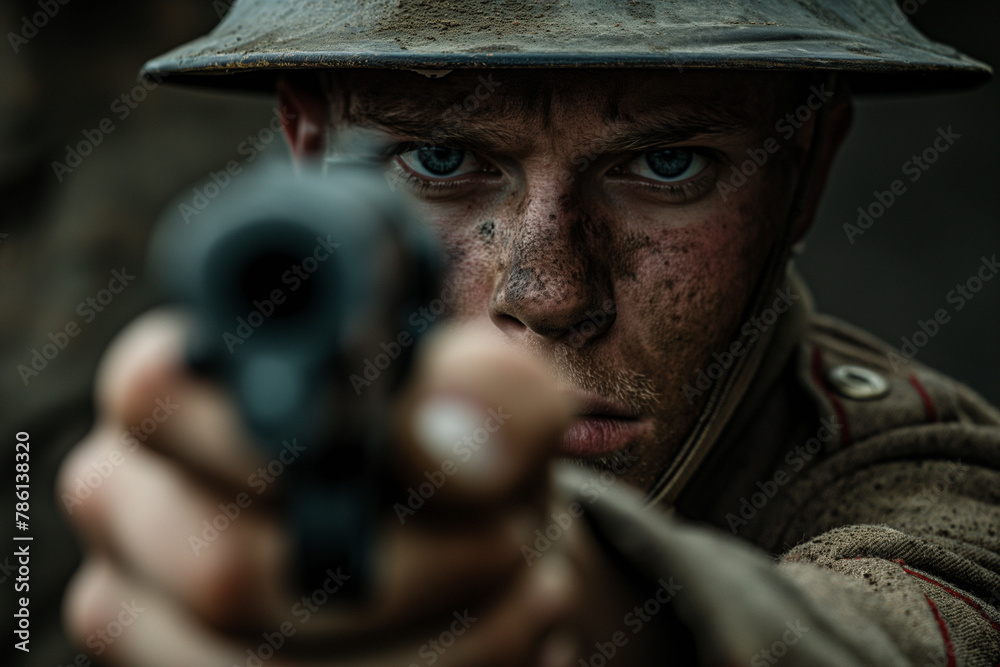 World War 1 soldier military aiming Colt M1911 to camera, World War 1 soldier military aiming Colt M1911 to camera,