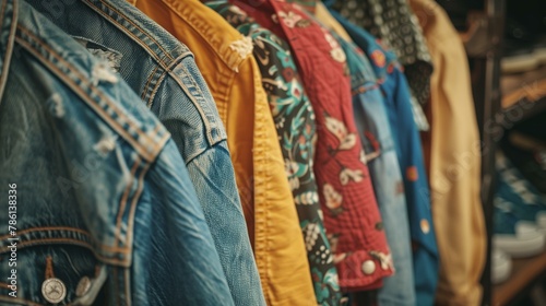 Indie sleaze style, rack of colorful jean jackets, boutique coathanger closet shopping elegance photo