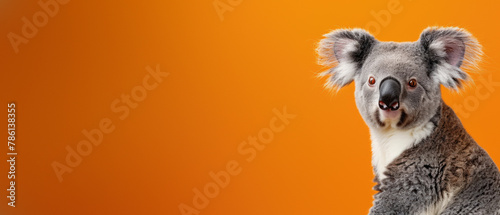 Captivating image of a koala with a curious expression posed against a striking orange background emphasizing its inquisitiveness