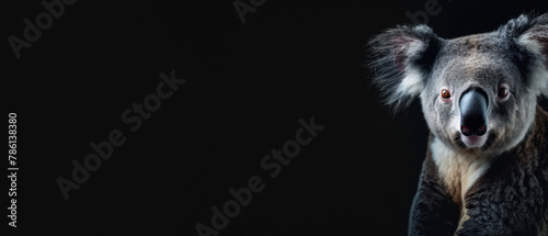 Striking image of a koala with a captivating gaze, the focus is on its eyes against a black background