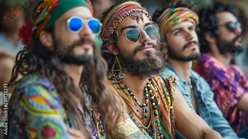 Counterculture concept, hippies at festival, celebration multi-ethnic group music festival hippie traditional clothing