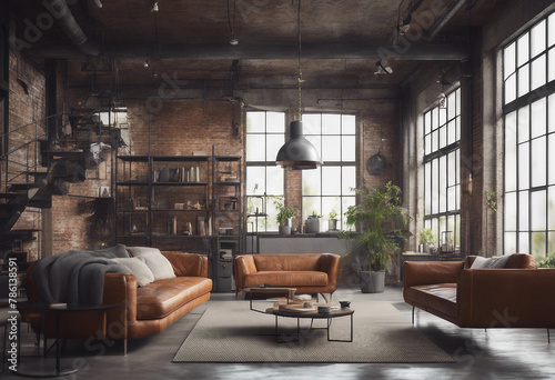 Living room loft in industrial style 3d render