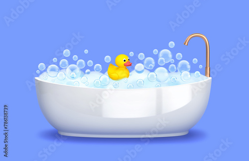 Bathtub with foam, soap bubbles and yellow rubber duck isolated on blue background. Bathing and relaxing