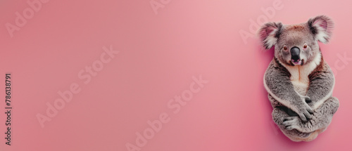 An endearing koala embraces itself with a charming look on a pink background offering ample copy space