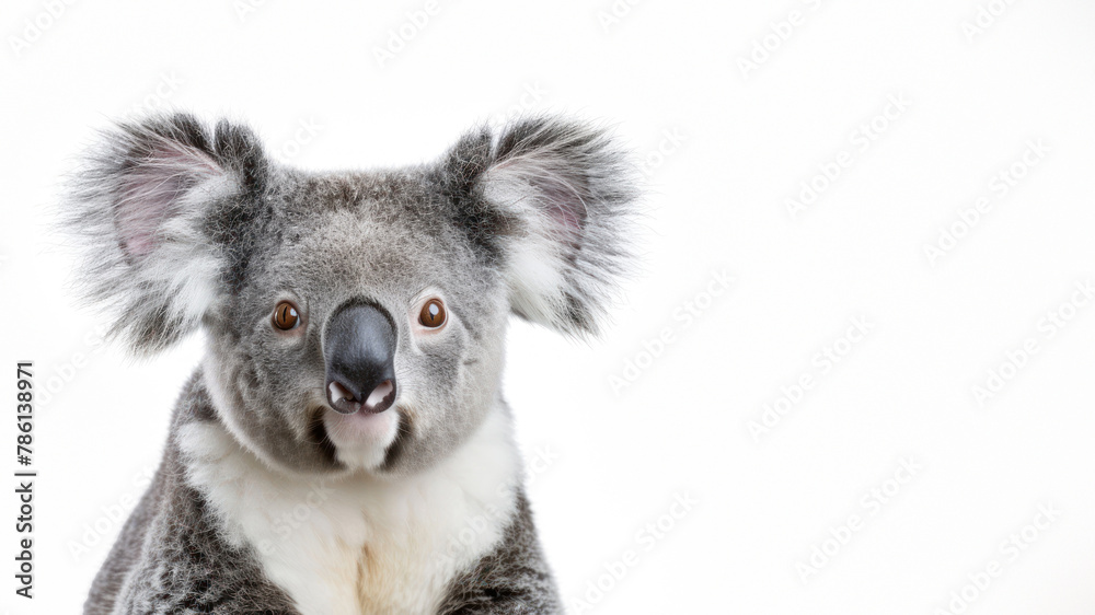 Obraz premium This beautifully captured portrait of a koala shows its expressive eyes and face in stunning detail against a crisp white background