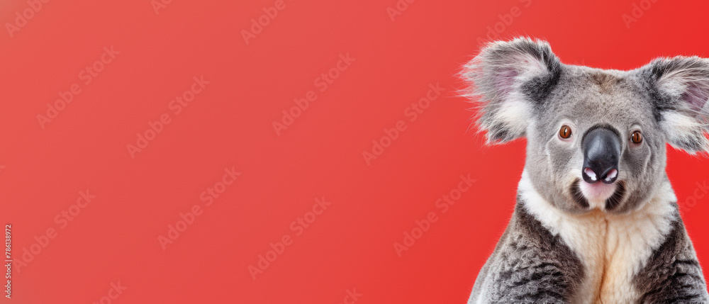 This captivating image captures a cute koala facing forward with a striking red background, showcasing its fluffy ears and curious eyes
