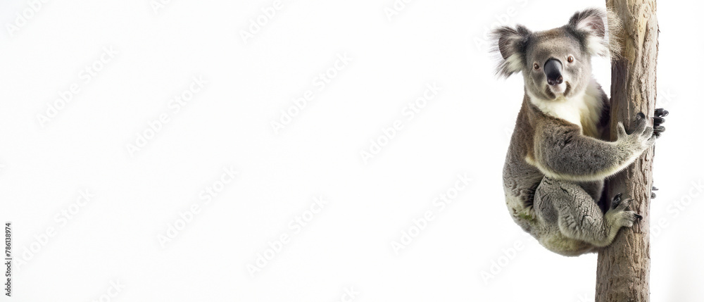 Obraz premium Detailed image showcasing a koala bear gripping a tree trunk, highlighting its natural behavior and textured coat