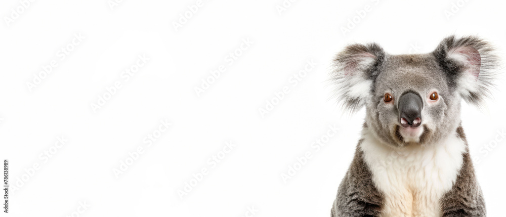 Obraz premium Captivating close-up of a koala bear with striking eyes and soft fur, isolated on a white backdrop emphasizing its features