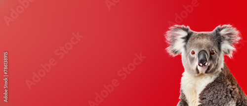 An inquisitive koala gazes alertly into the camera with noticeable ear tufts on a red background photo