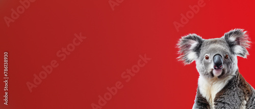 A serene koala looks off to the side, its soft fur standing out against a stark red backdrop