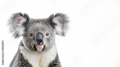 This beautifully captured portrait of a koala shows its expressive eyes and face in stunning detail against a crisp white background