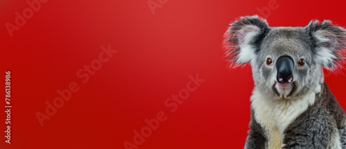 A delightful image illustrating a lovable koala with a pleasant smile, accentuated by a lively red backdrop, evoking warmth and friendliness photo
