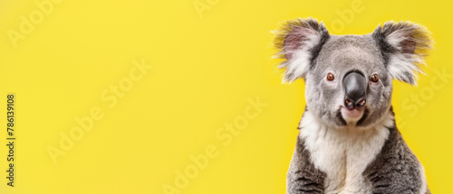 A stunning visual of a koala with deep, thoughtful eyes and a soft expression against a bold yellow background enhances its captivating presence photo