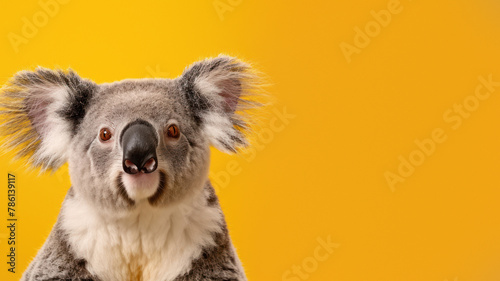 With an alert expression, this koala's image pops against the bright yellow background, captivating viewers photo