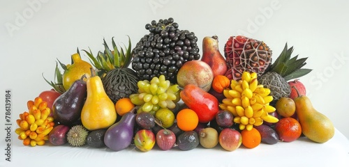 A cluster of exotic tropical fruits, each with its own unique shape and vibrant color, arranged in a tantalizing display against a background of pristine white.