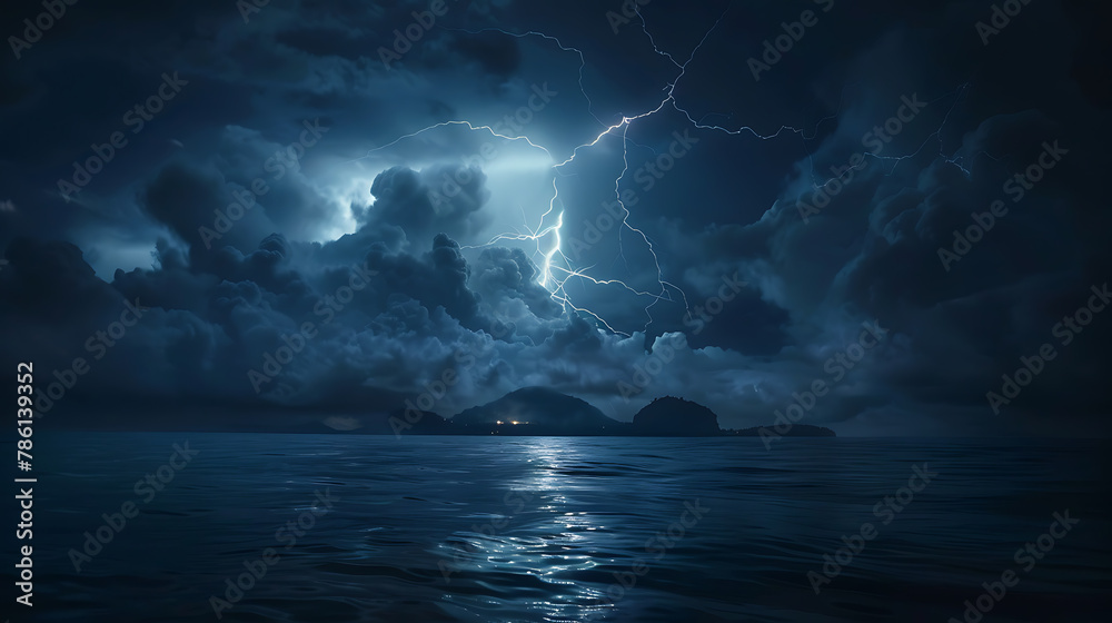 Lightning over the sea. Thunderstorm over the sea. 