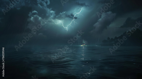 Lightning in the night sky over the sea. 