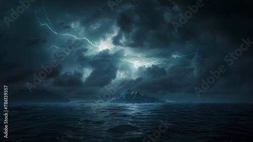 Dark stormy sky with lightning above ocean.  © Liliya