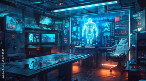 A futuristic room with a computer monitor displaying a skeleton and a man in a white suit. The room is filled with technology and has a futuristic feel to it