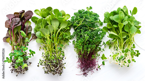 Different types of microgreens on a white background. Top view.