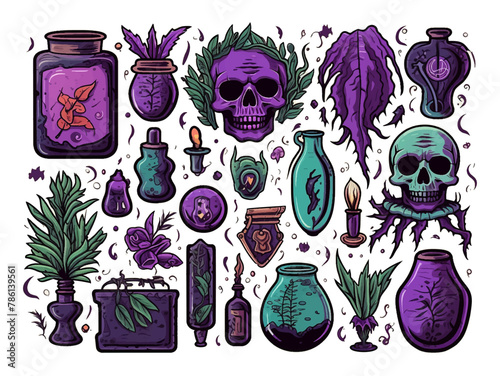 Set of magic staves and other items flat design illustration