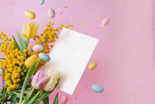 Bouquet of flowers, tulips and yellow mimosa with blank sheet of paper for text on pink background with colored eggs #786139566