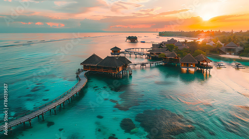 Beautiful sunset at Maldives island with wooden bridge and turquoise water