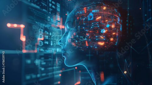 3d rendering of human head with circuit board and binary code background