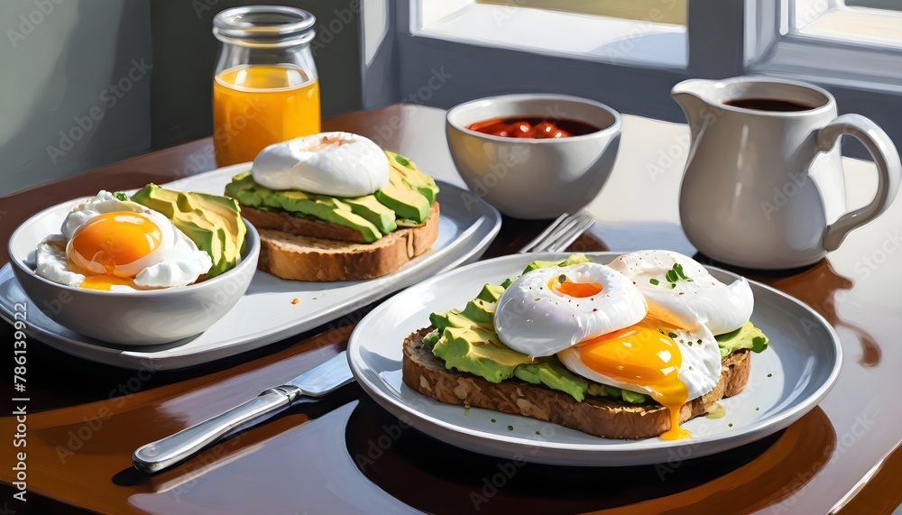 Delicious breakfast with Avocado toast, eggs and coffee. Painting Delicious breakfast with Avocado toast, eggs and coffee. Painting