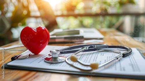 Stethoscope and red heart on wooden table. Health care and medical concept. photo