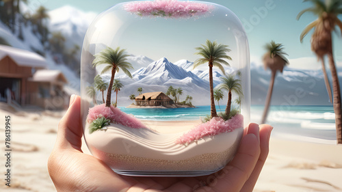A glass ball with palm trees inside and a blue background.  © DUA