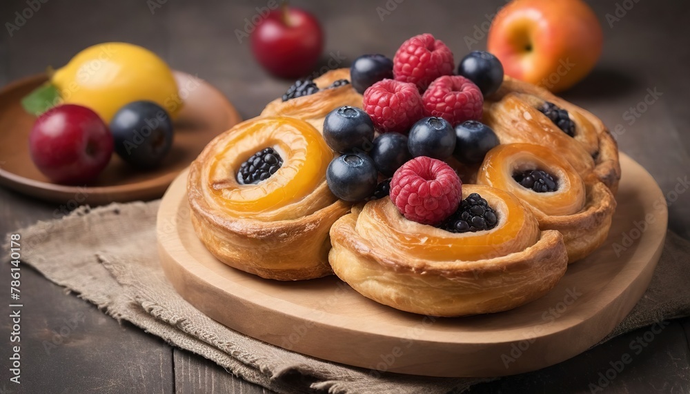 danish pastry with fruits in wooden dish isolated on white background