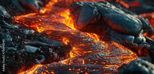 A close-up view of bubbling lava, with fiery red and orange hues blending into a dark, rocky texture. The molten lava appears to be flowing slowly, creating a mesmerizing yet dangerous scene.