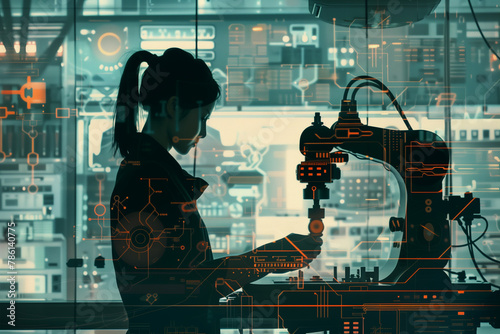 female engineer in her element, engrossed in fine-tuning a robotic machine with meticulous precision, her silhouette highlighted against a backdrop of technical schematics and circ