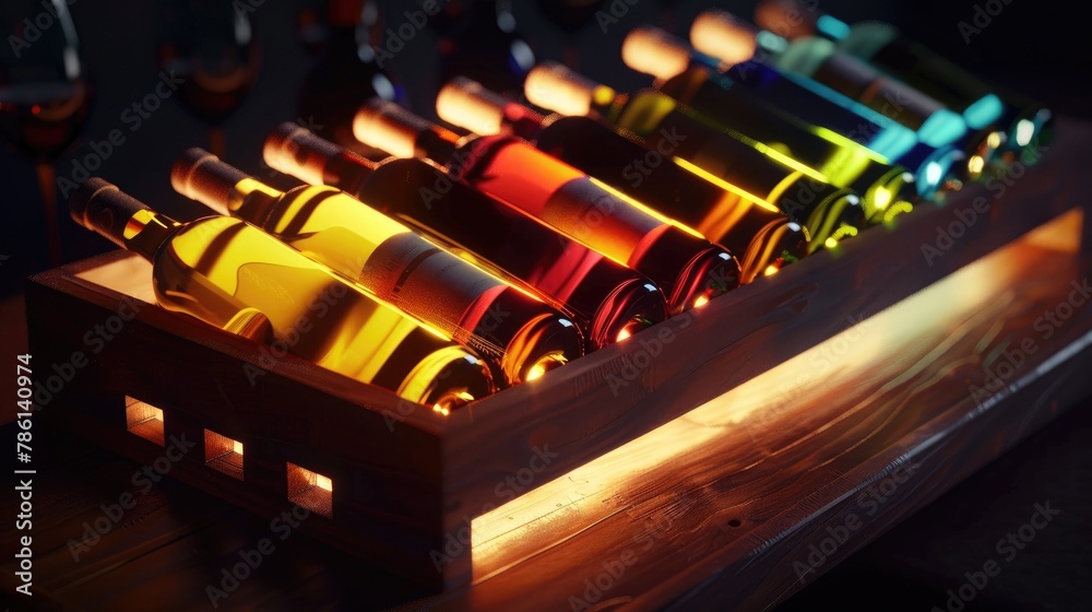 Arrangement of wine bottles with cork tops displayed in a classic wooden wine holder illuminated by gentle lighting enhancing the vibrant color range Arrangement of wine bottles with cork tops displayed in a classic wooden wine holder illuminated by gentle lighting enhancing the vibrant color range