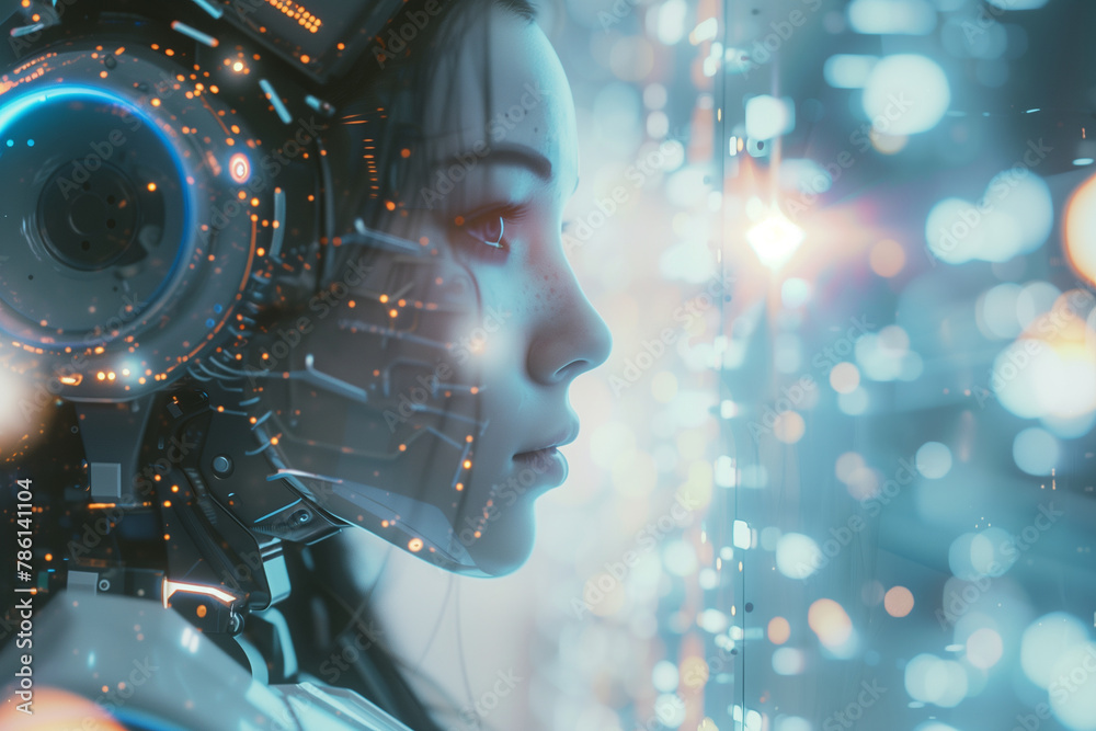 female engineer's mastery of robotic automation, with ethereal light effects and futuristic overlays adding depth and dimension to the scene, against a neutral background that enha female engineer's mastery of robotic automation, with ethereal light effects and futuristic overlays adding depth and dimension to the scene, against a neutral background that enha