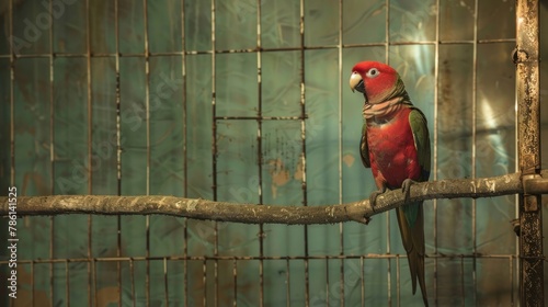 A parrot perched on a branch inside a cage in a photograph