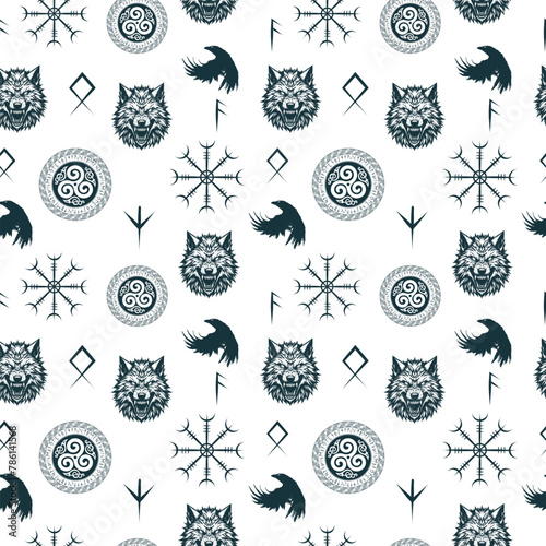 Gothic seamless pattern with Viking symbols and runes. Vector illustration for wallpaper, textile, wrapping and covers.