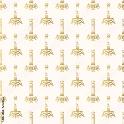 Golden Thor's hammer seamless pattern. Gothic background for wallpaper, textile, wrapping and covers. Vector illustration.